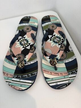 Tory Burch Navy, Blush Pink & Mint Geometric Logo Jelly Flip Flops